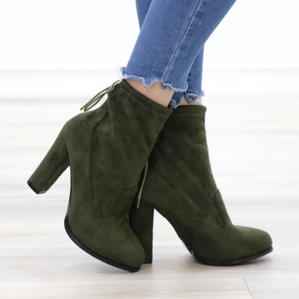 Round Toe Olive Suede Ankle Heeled Boots, Booties - Picture 6 of 11